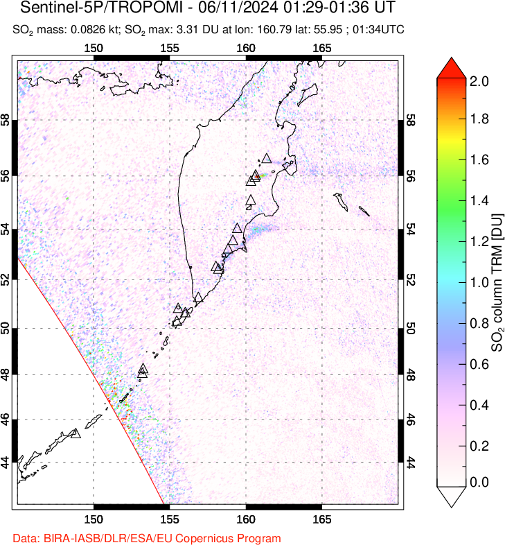 A sulfur dioxide image over Kamchatka, Russian Federation on Jun 11, 2024.