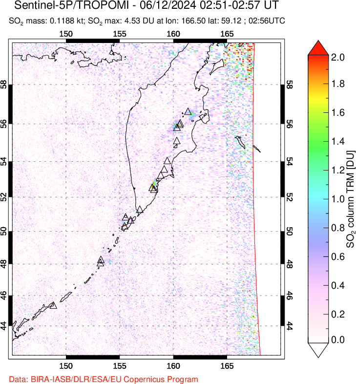 A sulfur dioxide image over Kamchatka, Russian Federation on Jun 12, 2024.