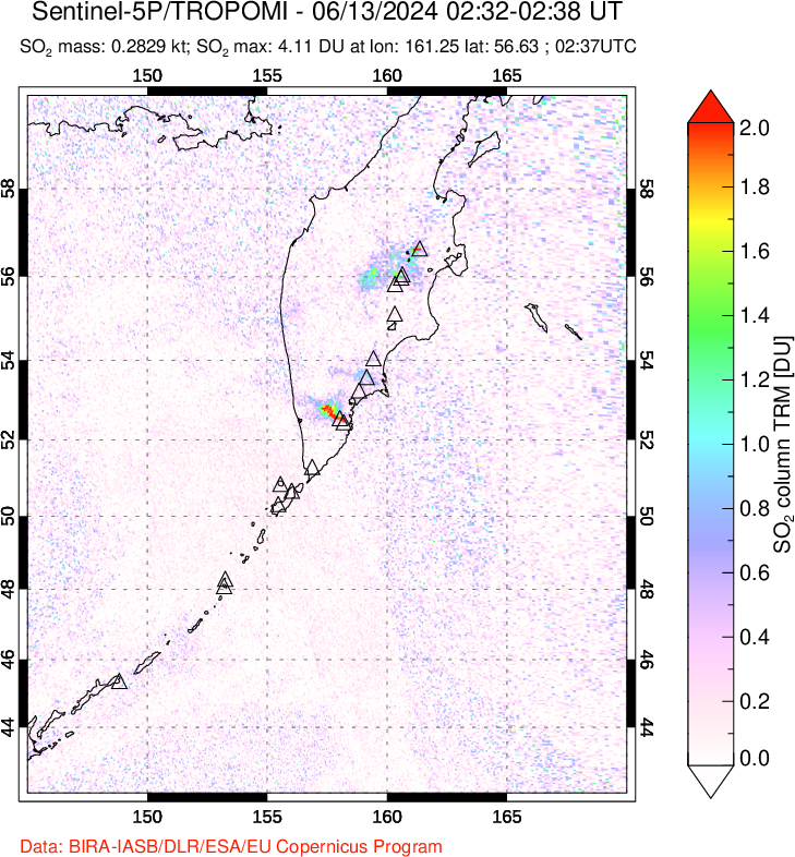 A sulfur dioxide image over Kamchatka, Russian Federation on Jun 13, 2024.