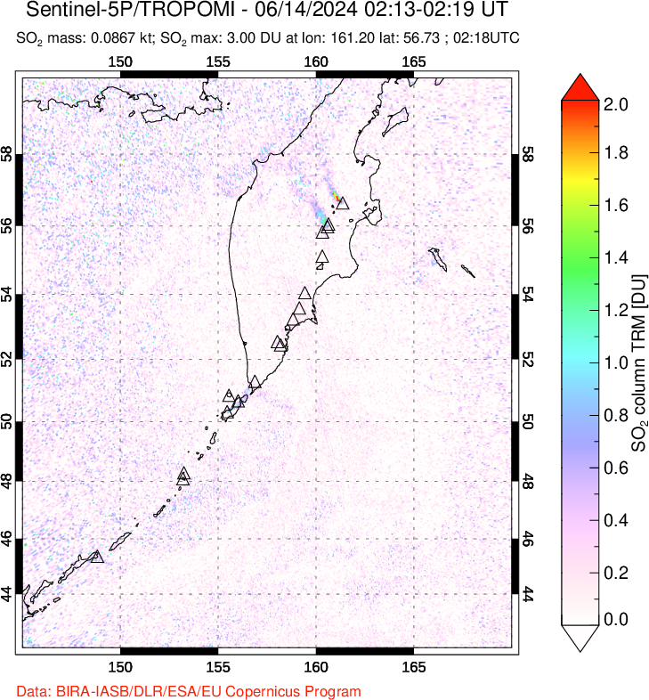 A sulfur dioxide image over Kamchatka, Russian Federation on Jun 14, 2024.