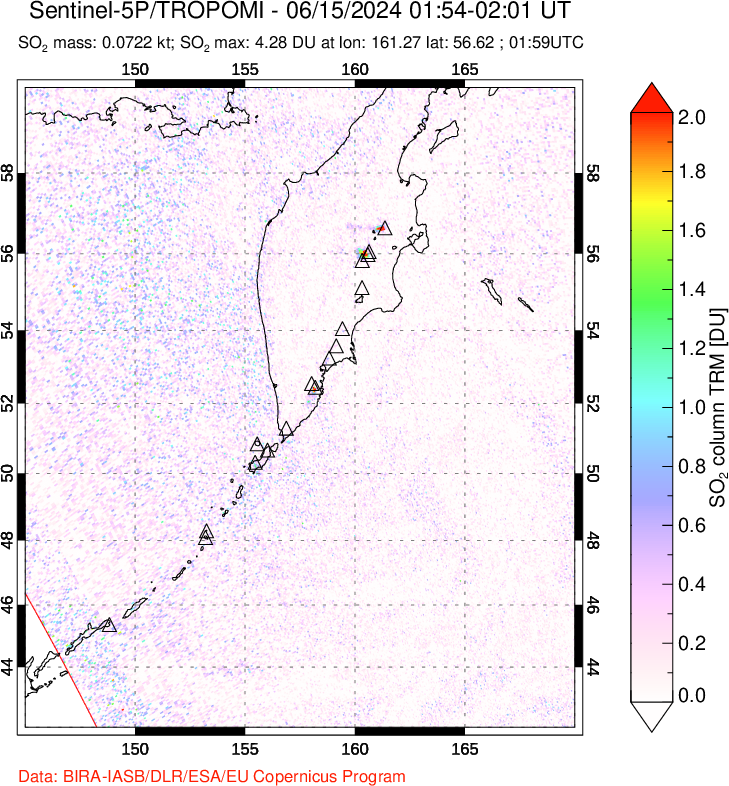 A sulfur dioxide image over Kamchatka, Russian Federation on Jun 15, 2024.