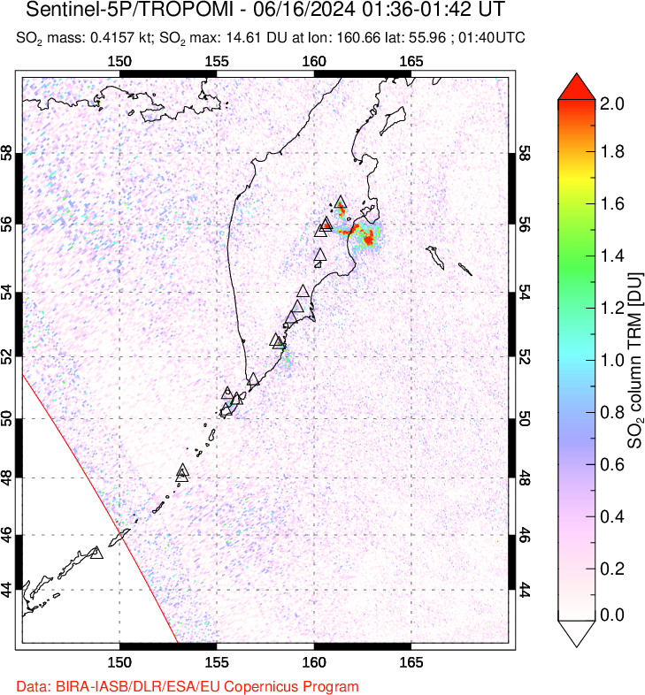 A sulfur dioxide image over Kamchatka, Russian Federation on Jun 16, 2024.