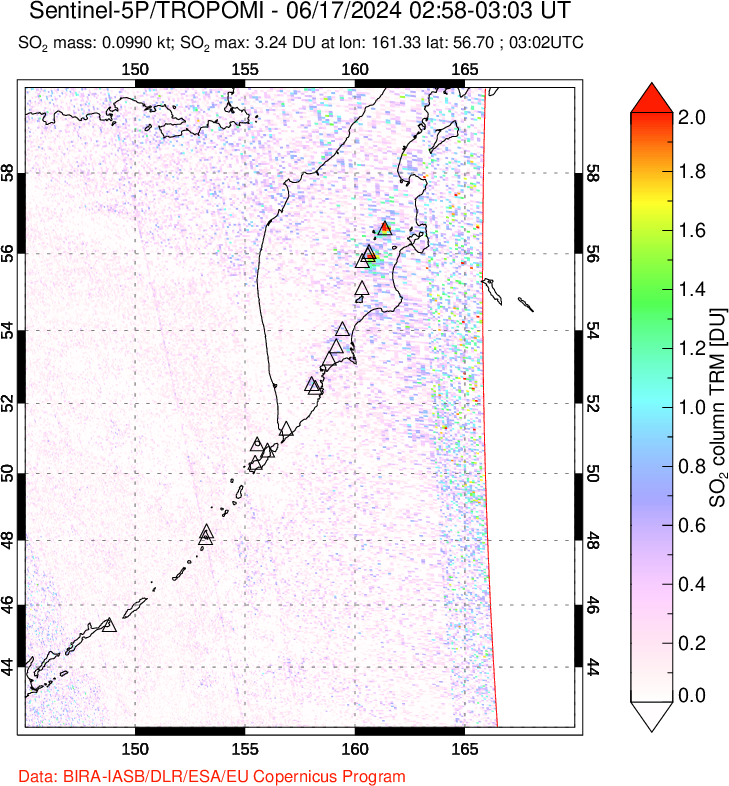 A sulfur dioxide image over Kamchatka, Russian Federation on Jun 17, 2024.