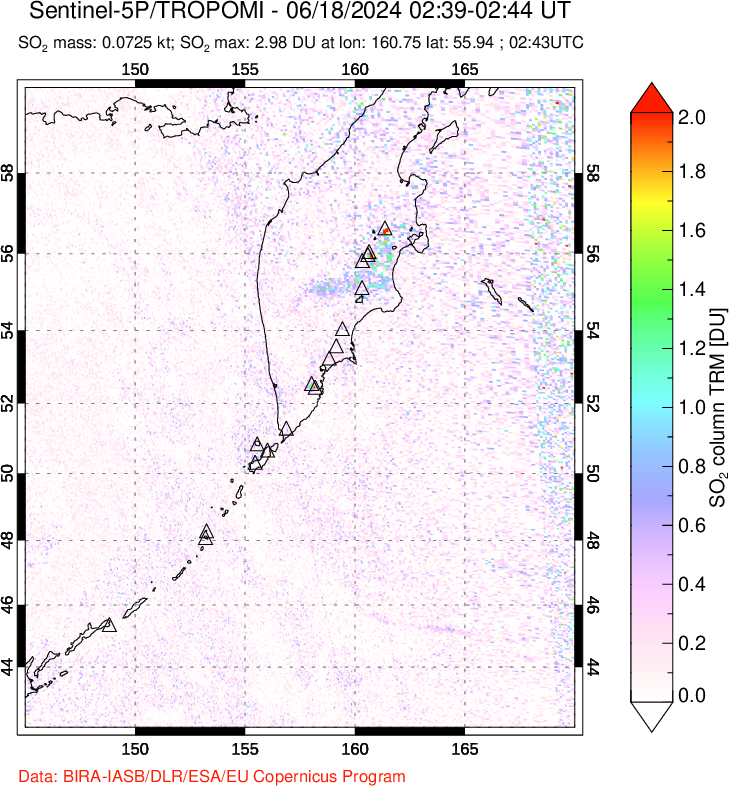 A sulfur dioxide image over Kamchatka, Russian Federation on Jun 18, 2024.