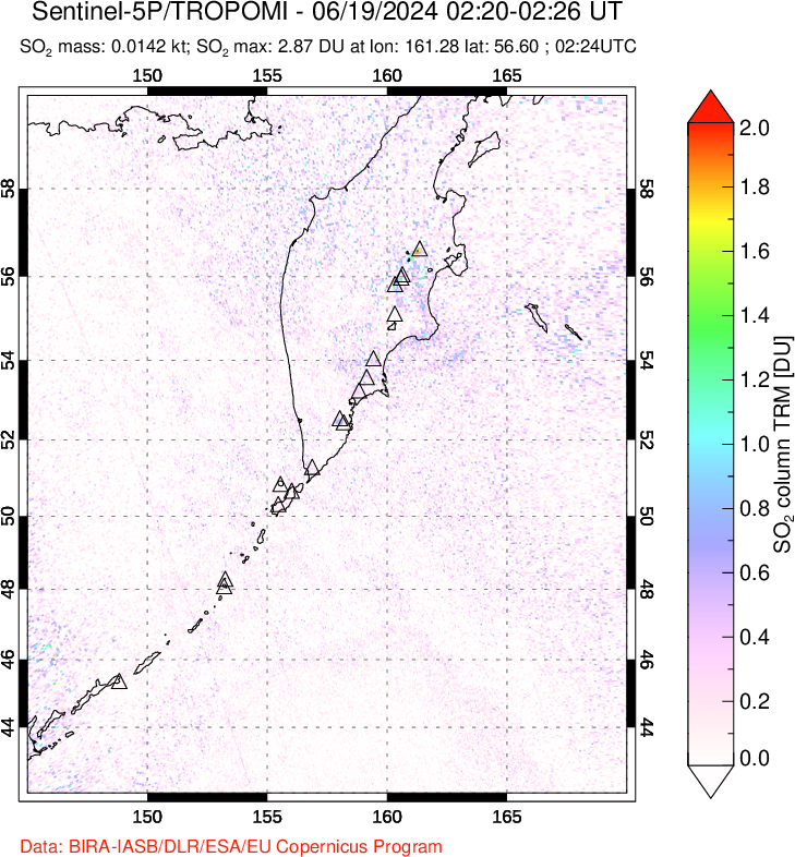 A sulfur dioxide image over Kamchatka, Russian Federation on Jun 19, 2024.