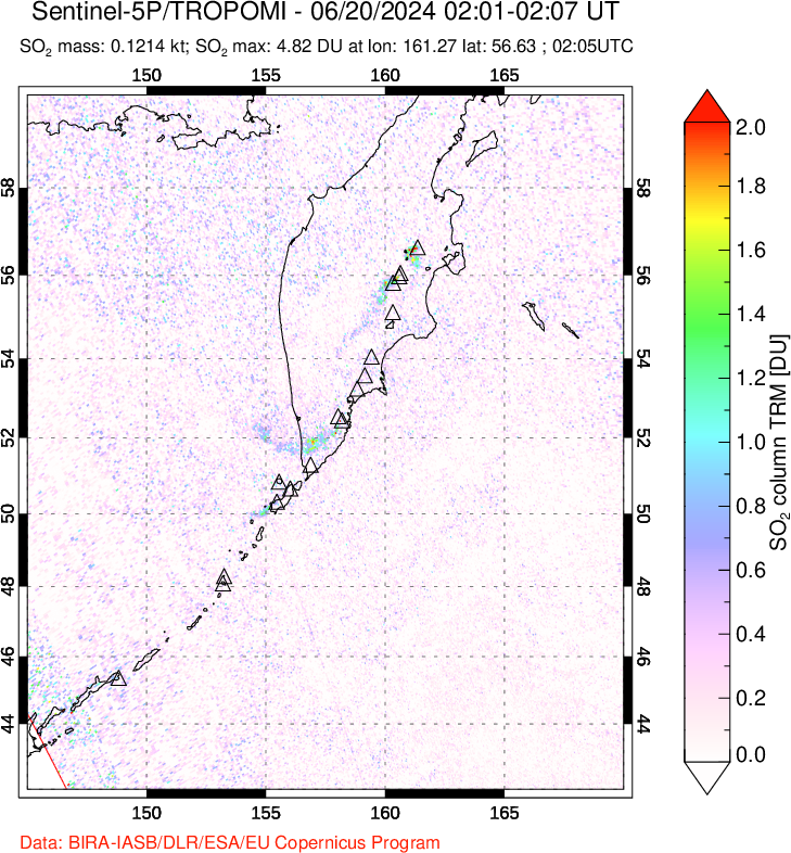 A sulfur dioxide image over Kamchatka, Russian Federation on Jun 20, 2024.