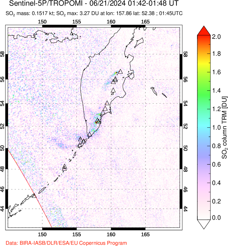 A sulfur dioxide image over Kamchatka, Russian Federation on Jun 21, 2024.