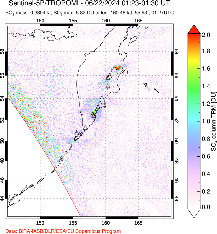 A sulfur dioxide image over Kamchatka, Russian Federation on Jun 22, 2024.