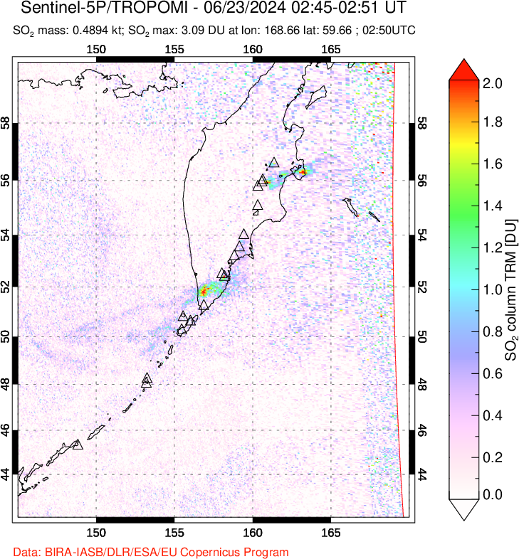 A sulfur dioxide image over Kamchatka, Russian Federation on Jun 23, 2024.