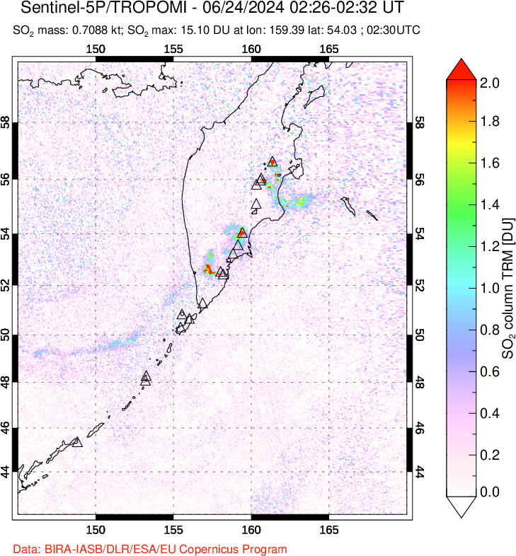 A sulfur dioxide image over Kamchatka, Russian Federation on Jun 24, 2024.