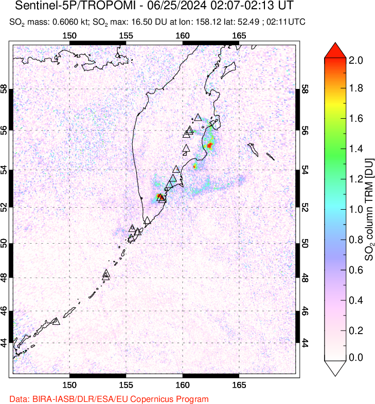 A sulfur dioxide image over Kamchatka, Russian Federation on Jun 25, 2024.