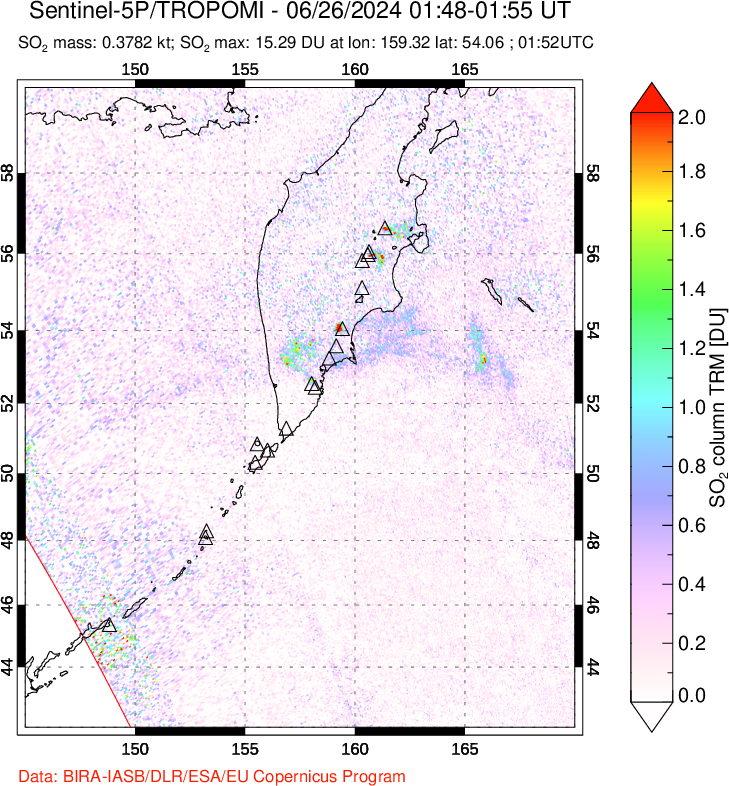 A sulfur dioxide image over Kamchatka, Russian Federation on Jun 26, 2024.