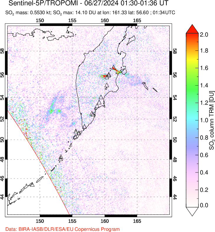 A sulfur dioxide image over Kamchatka, Russian Federation on Jun 27, 2024.