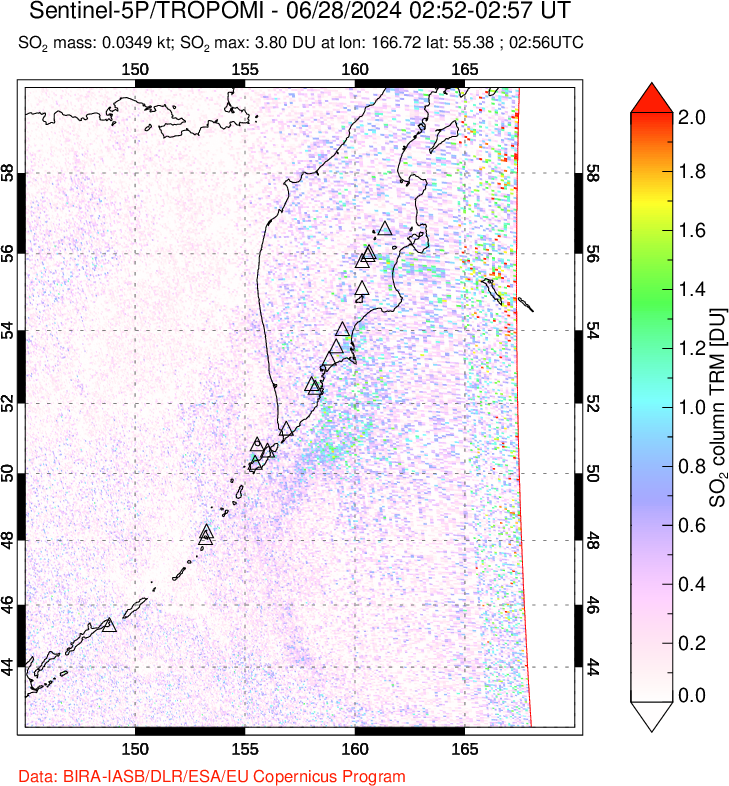 A sulfur dioxide image over Kamchatka, Russian Federation on Jun 28, 2024.