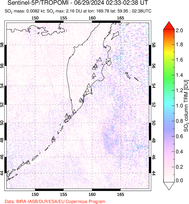 A sulfur dioxide image over Kamchatka, Russian Federation on Jun 29, 2024.