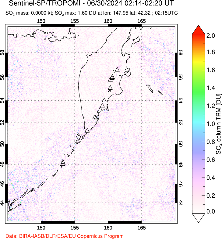 A sulfur dioxide image over Kamchatka, Russian Federation on Jun 30, 2024.