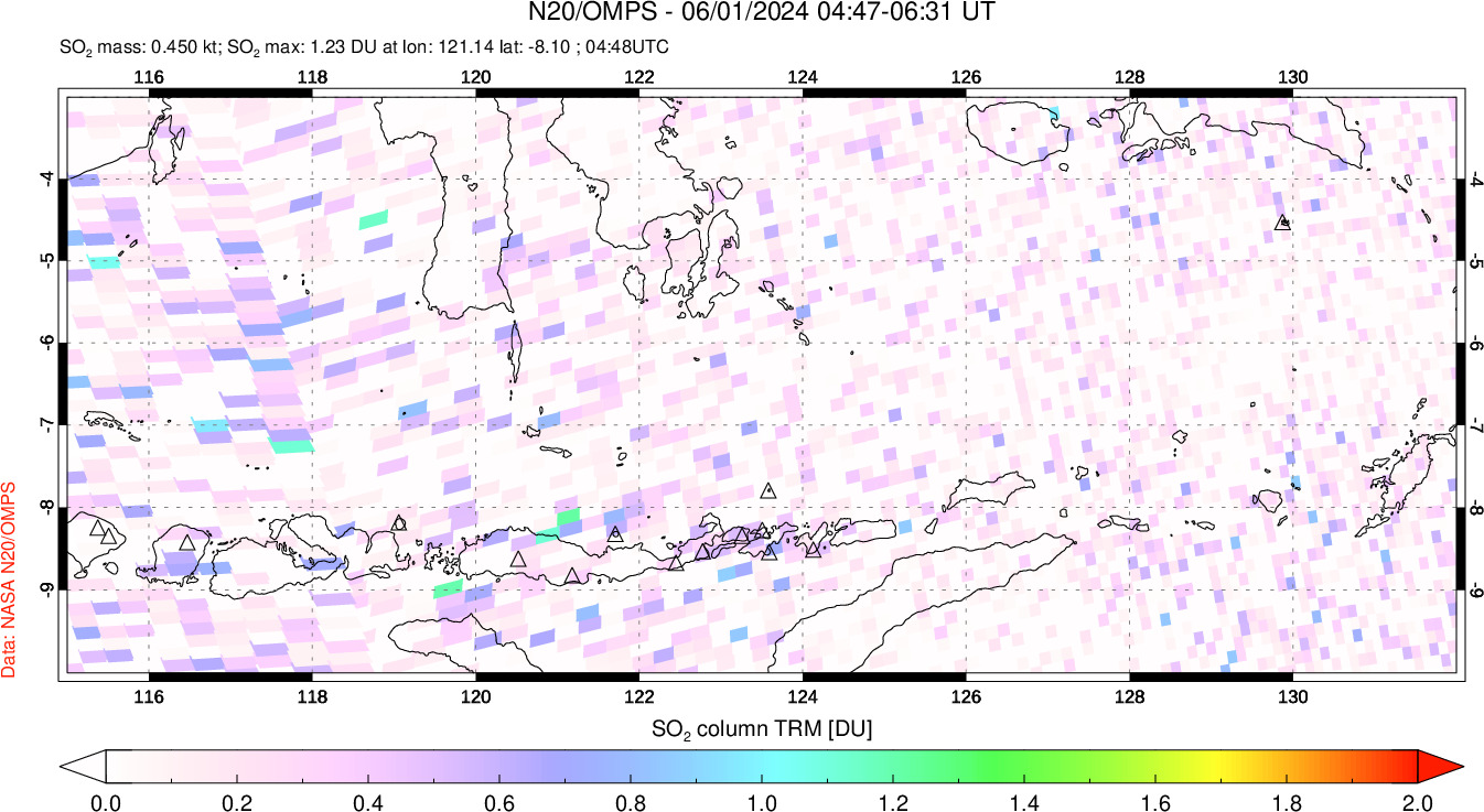 A sulfur dioxide image over Lesser Sunda Islands, Indonesia on Jun 01, 2024.