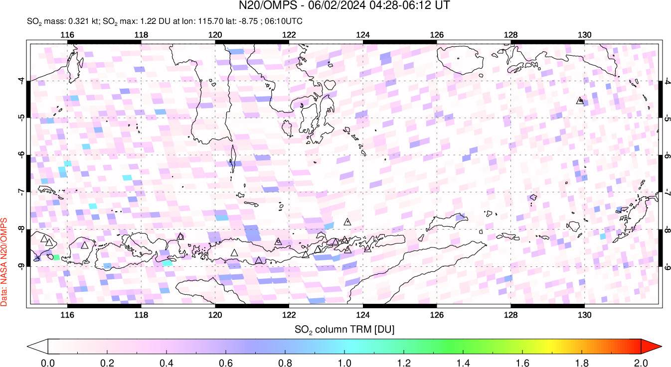 A sulfur dioxide image over Lesser Sunda Islands, Indonesia on Jun 02, 2024.