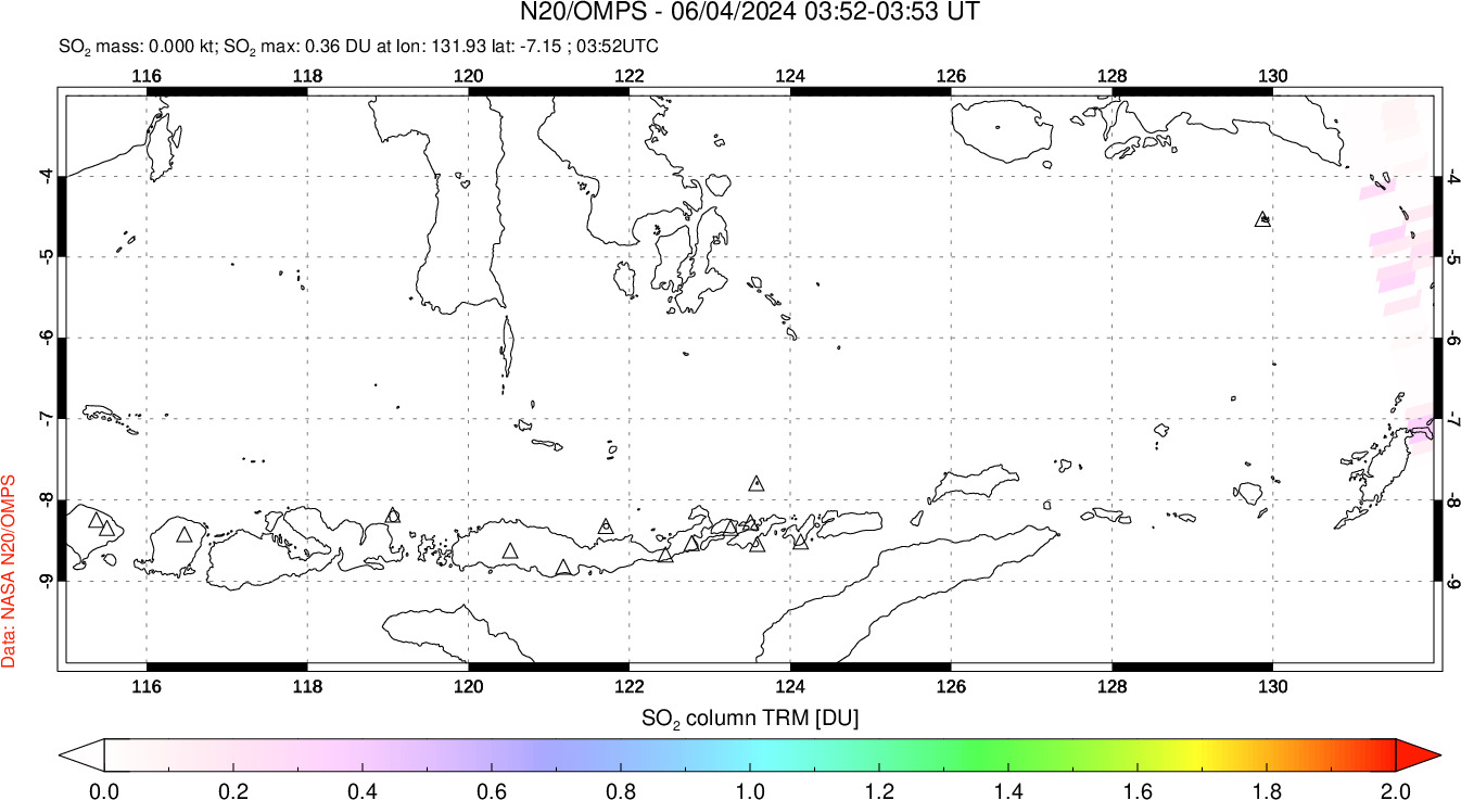 A sulfur dioxide image over Lesser Sunda Islands, Indonesia on Jun 04, 2024.