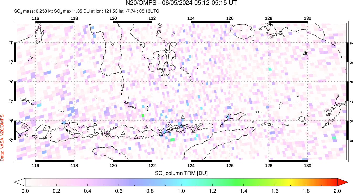 A sulfur dioxide image over Lesser Sunda Islands, Indonesia on Jun 05, 2024.