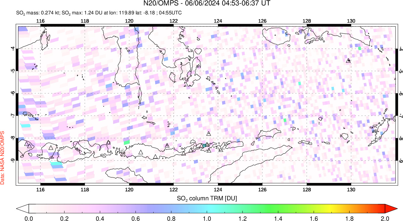 A sulfur dioxide image over Lesser Sunda Islands, Indonesia on Jun 06, 2024.