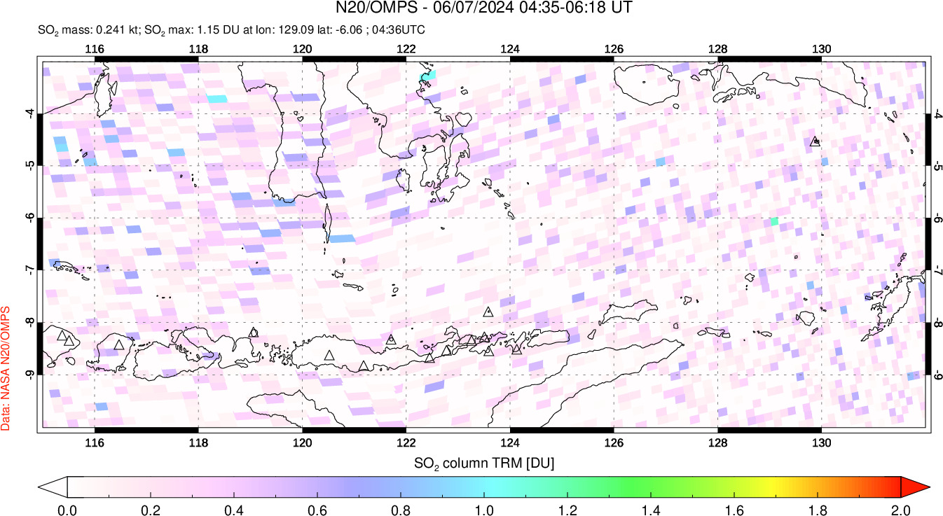 A sulfur dioxide image over Lesser Sunda Islands, Indonesia on Jun 07, 2024.