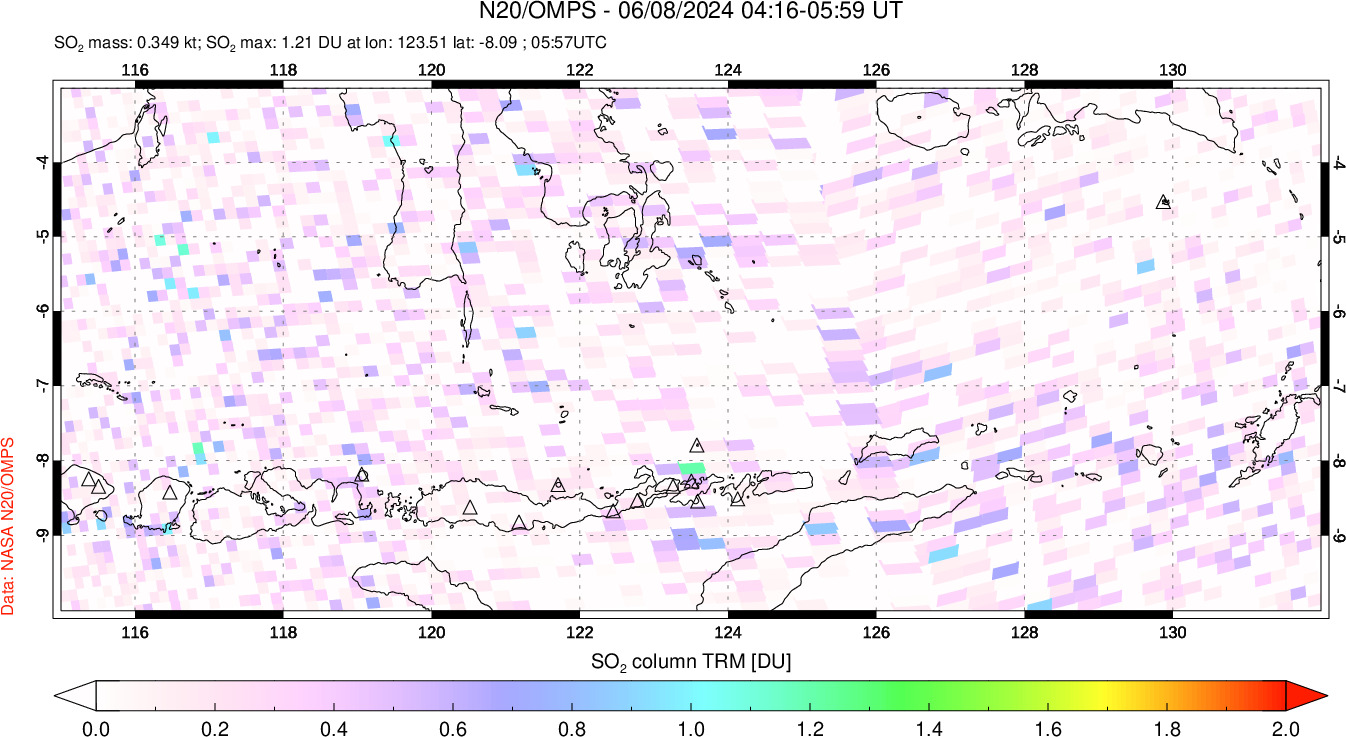 A sulfur dioxide image over Lesser Sunda Islands, Indonesia on Jun 08, 2024.