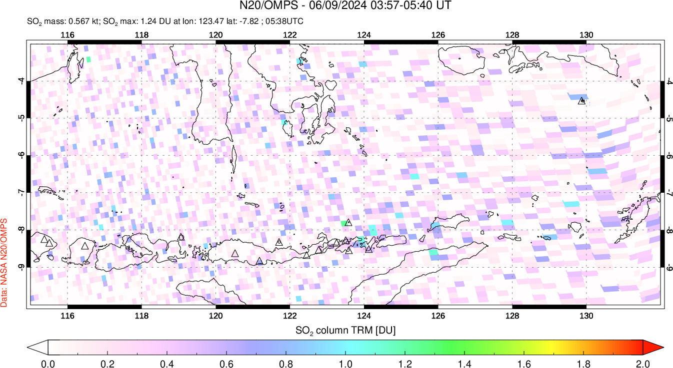 A sulfur dioxide image over Lesser Sunda Islands, Indonesia on Jun 09, 2024.