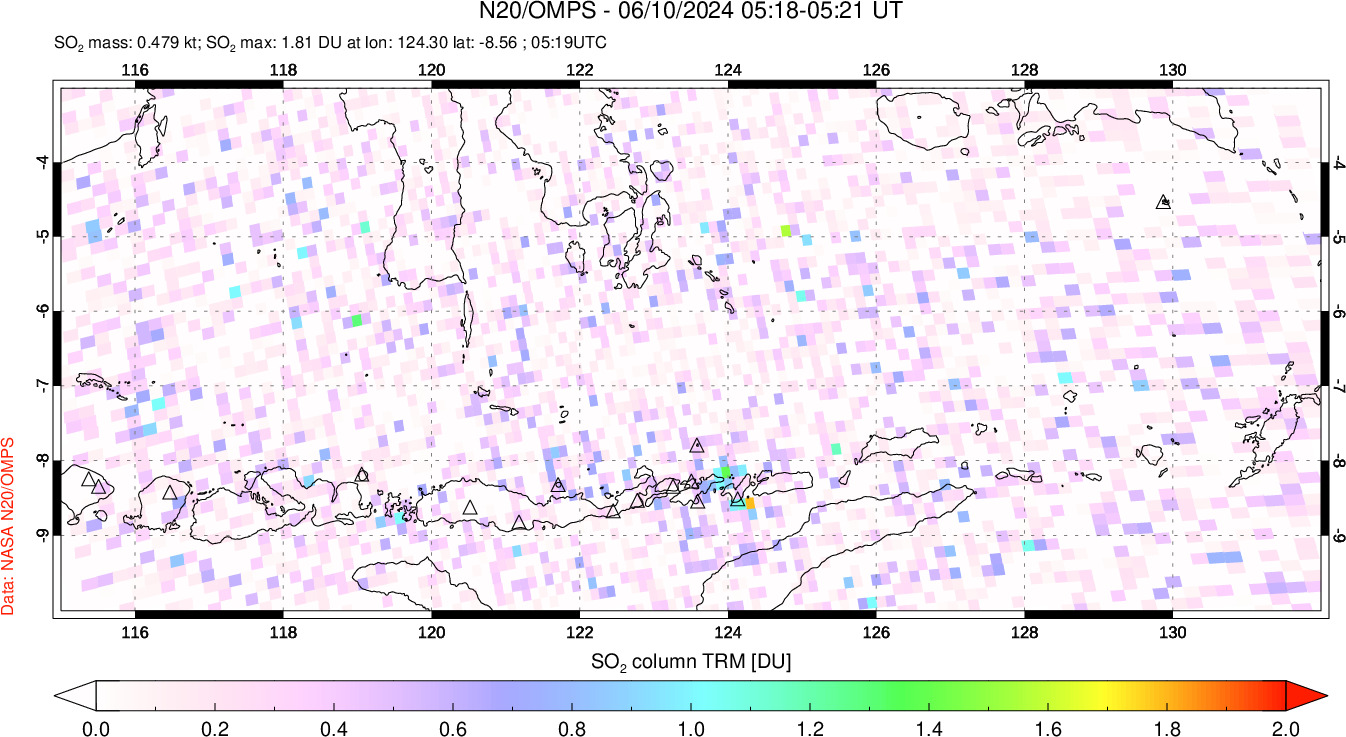 A sulfur dioxide image over Lesser Sunda Islands, Indonesia on Jun 10, 2024.