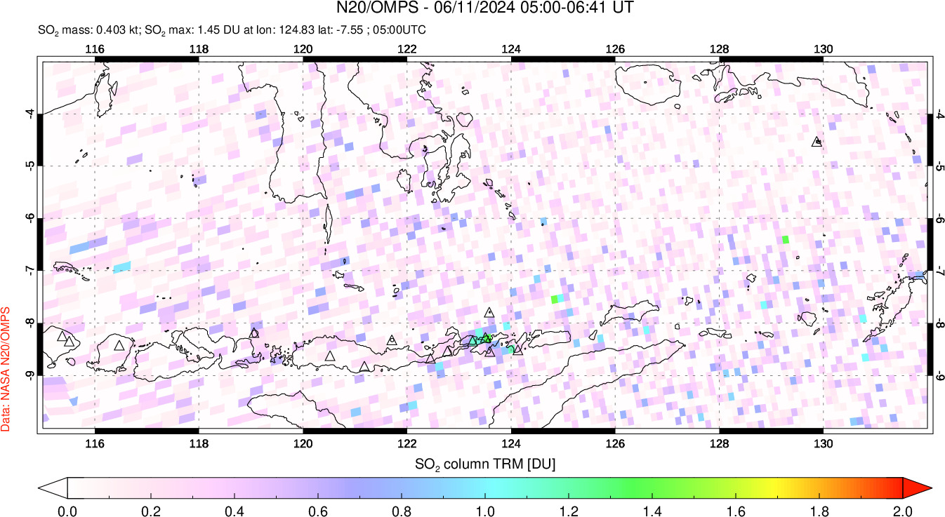 A sulfur dioxide image over Lesser Sunda Islands, Indonesia on Jun 11, 2024.