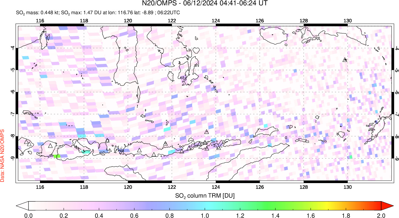 A sulfur dioxide image over Lesser Sunda Islands, Indonesia on Jun 12, 2024.