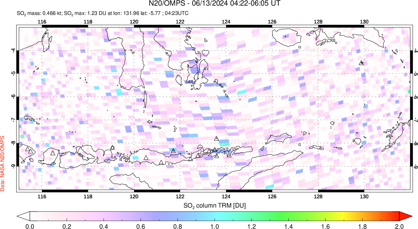 A sulfur dioxide image over Lesser Sunda Islands, Indonesia on Jun 13, 2024.