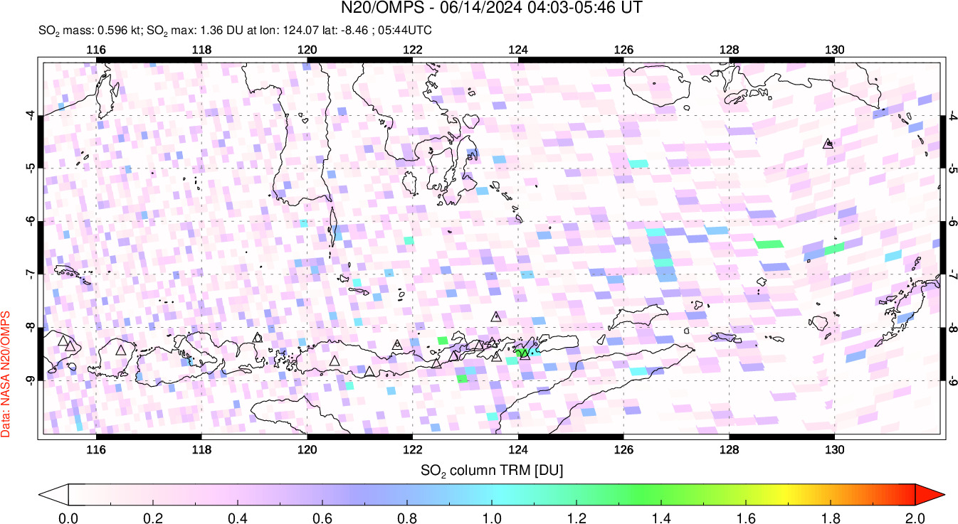 A sulfur dioxide image over Lesser Sunda Islands, Indonesia on Jun 14, 2024.