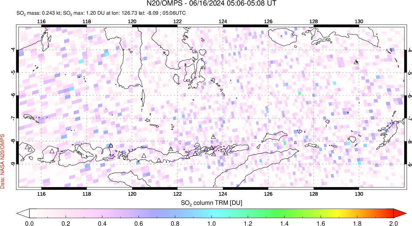 A sulfur dioxide image over Lesser Sunda Islands, Indonesia on Jun 16, 2024.