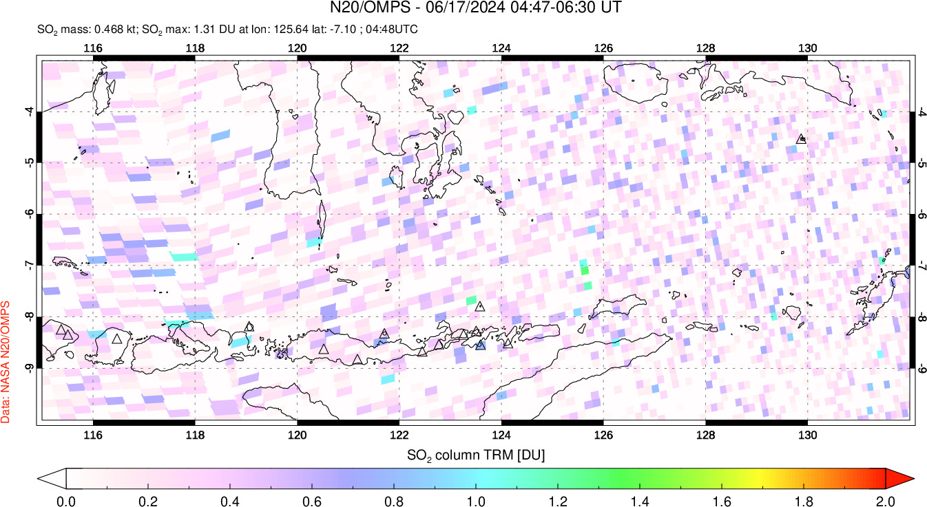 A sulfur dioxide image over Lesser Sunda Islands, Indonesia on Jun 17, 2024.