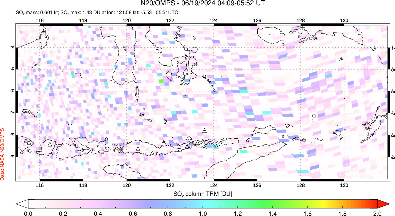 A sulfur dioxide image over Lesser Sunda Islands, Indonesia on Jun 19, 2024.