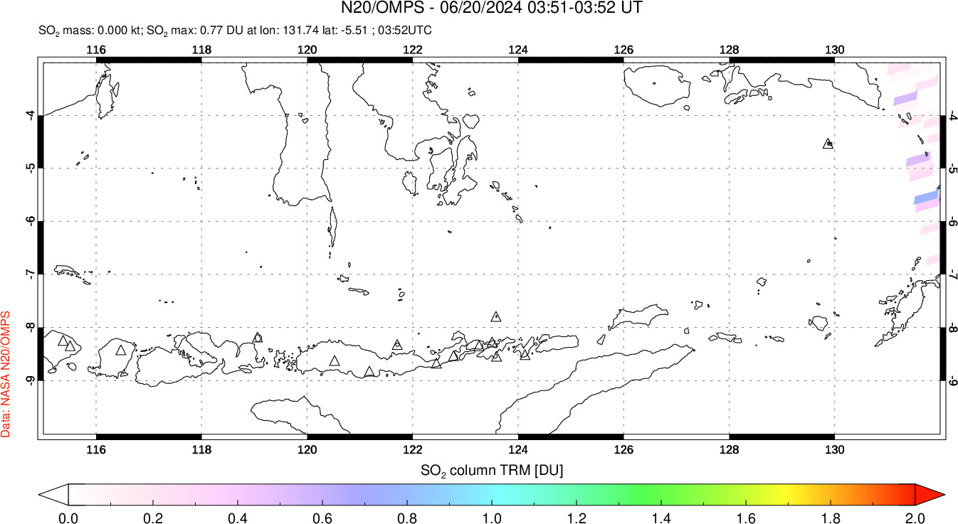 A sulfur dioxide image over Lesser Sunda Islands, Indonesia on Jun 20, 2024.