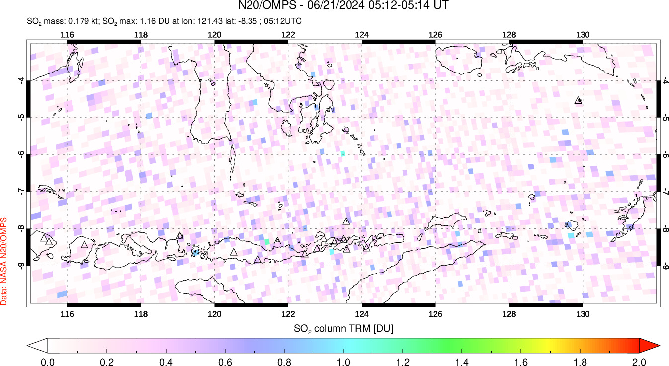 A sulfur dioxide image over Lesser Sunda Islands, Indonesia on Jun 21, 2024.