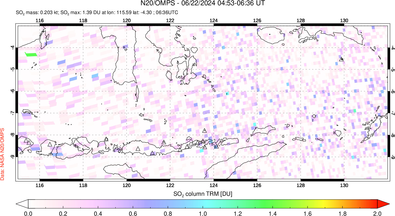 A sulfur dioxide image over Lesser Sunda Islands, Indonesia on Jun 22, 2024.