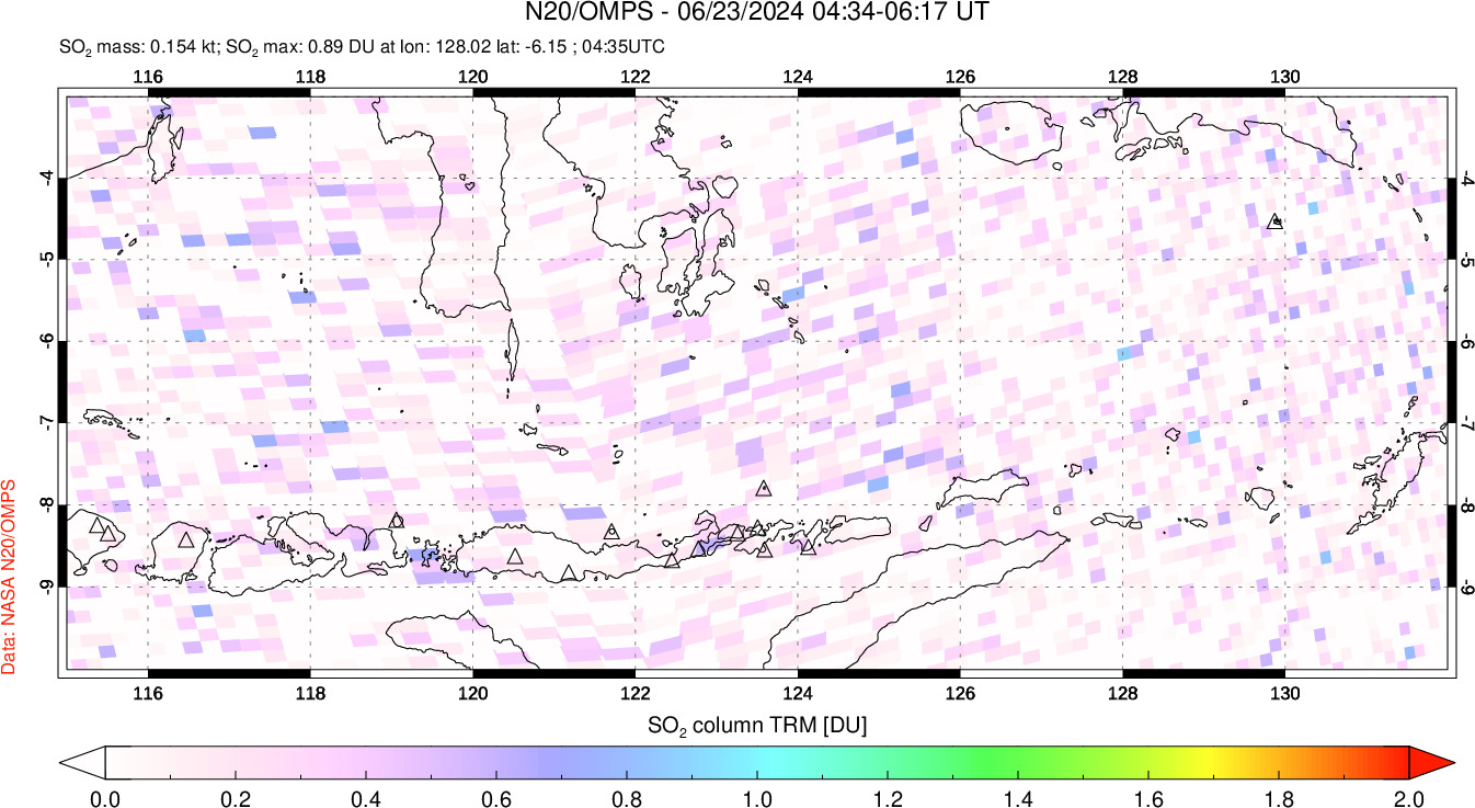 A sulfur dioxide image over Lesser Sunda Islands, Indonesia on Jun 23, 2024.