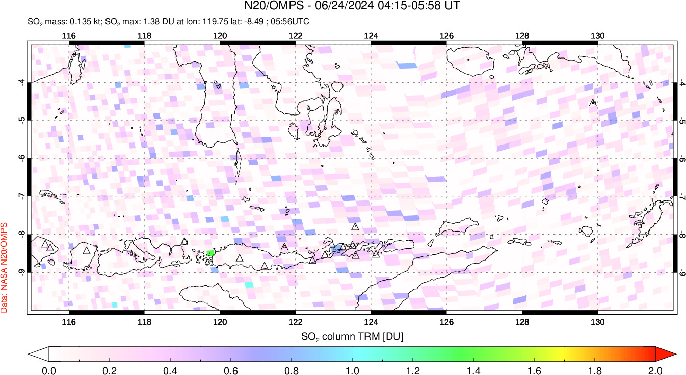 A sulfur dioxide image over Lesser Sunda Islands, Indonesia on Jun 24, 2024.