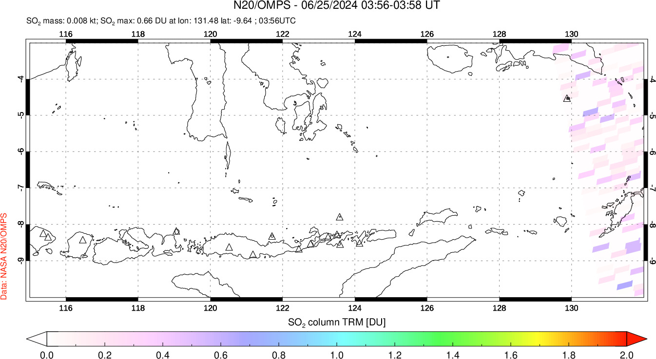 A sulfur dioxide image over Lesser Sunda Islands, Indonesia on Jun 25, 2024.