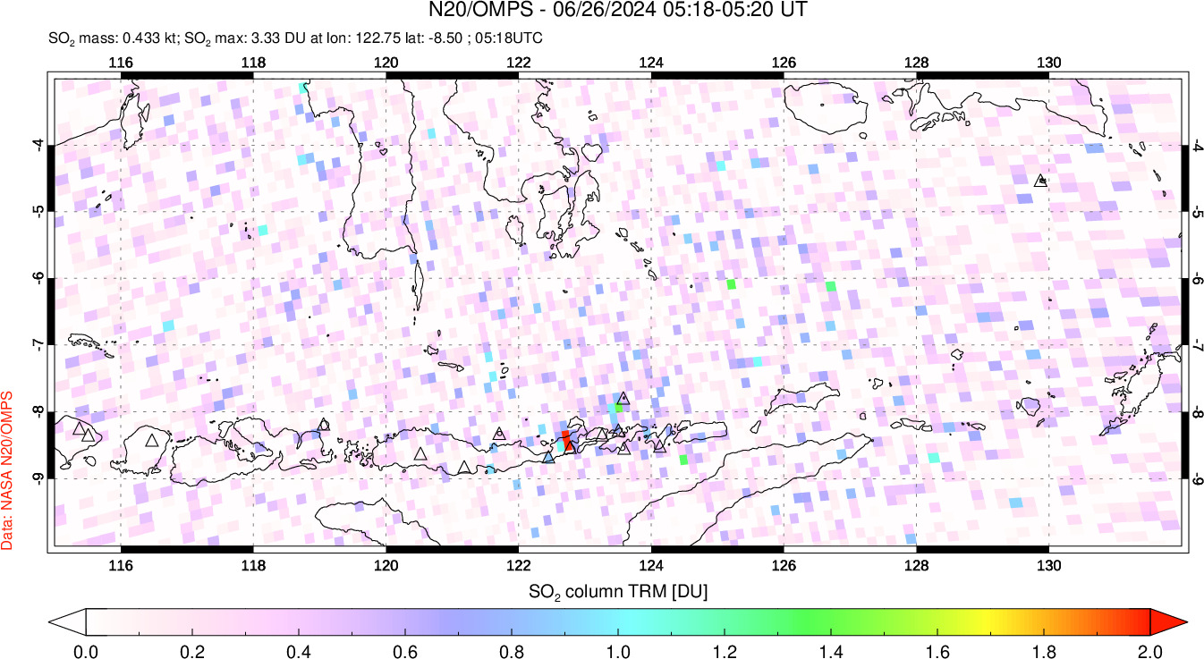 A sulfur dioxide image over Lesser Sunda Islands, Indonesia on Jun 26, 2024.