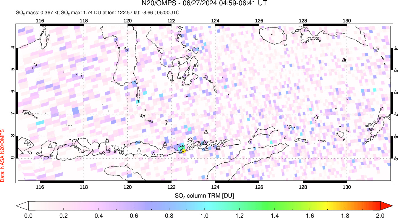 A sulfur dioxide image over Lesser Sunda Islands, Indonesia on Jun 27, 2024.