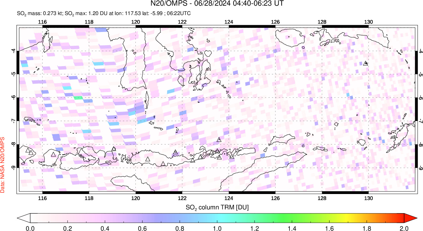 A sulfur dioxide image over Lesser Sunda Islands, Indonesia on Jun 28, 2024.