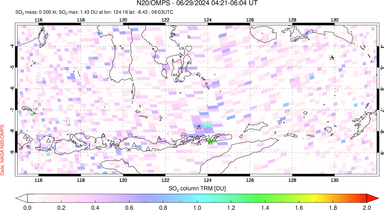 A sulfur dioxide image over Lesser Sunda Islands, Indonesia on Jun 29, 2024.