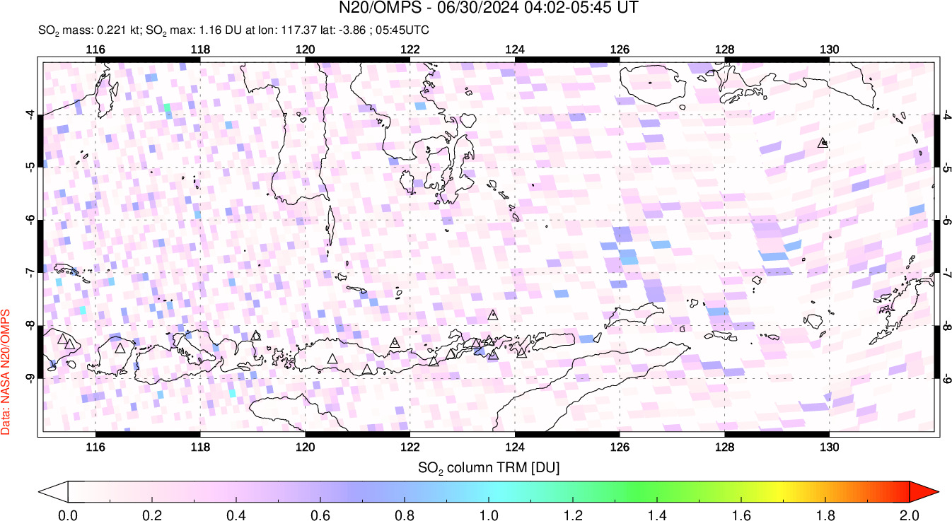 A sulfur dioxide image over Lesser Sunda Islands, Indonesia on Jun 30, 2024.