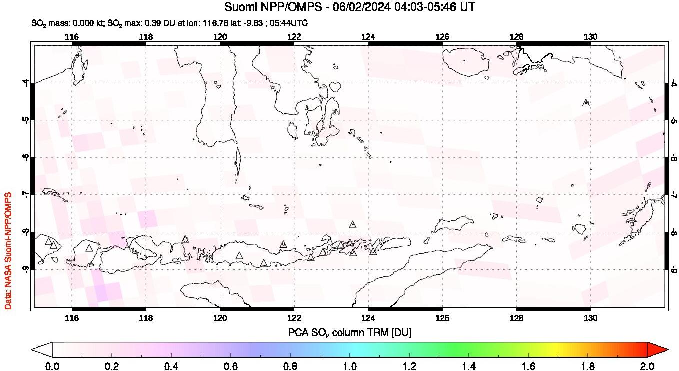 A sulfur dioxide image over Lesser Sunda Islands, Indonesia on Jun 02, 2024.