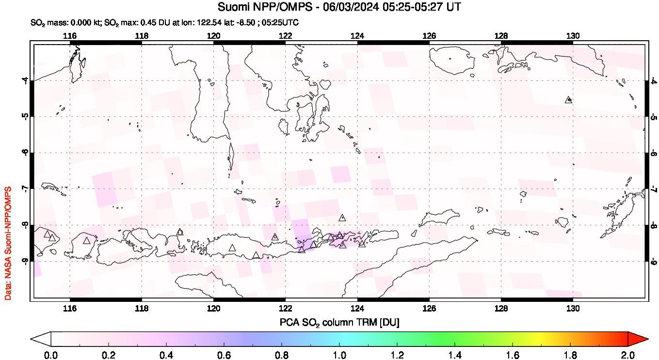 A sulfur dioxide image over Lesser Sunda Islands, Indonesia on Jun 03, 2024.