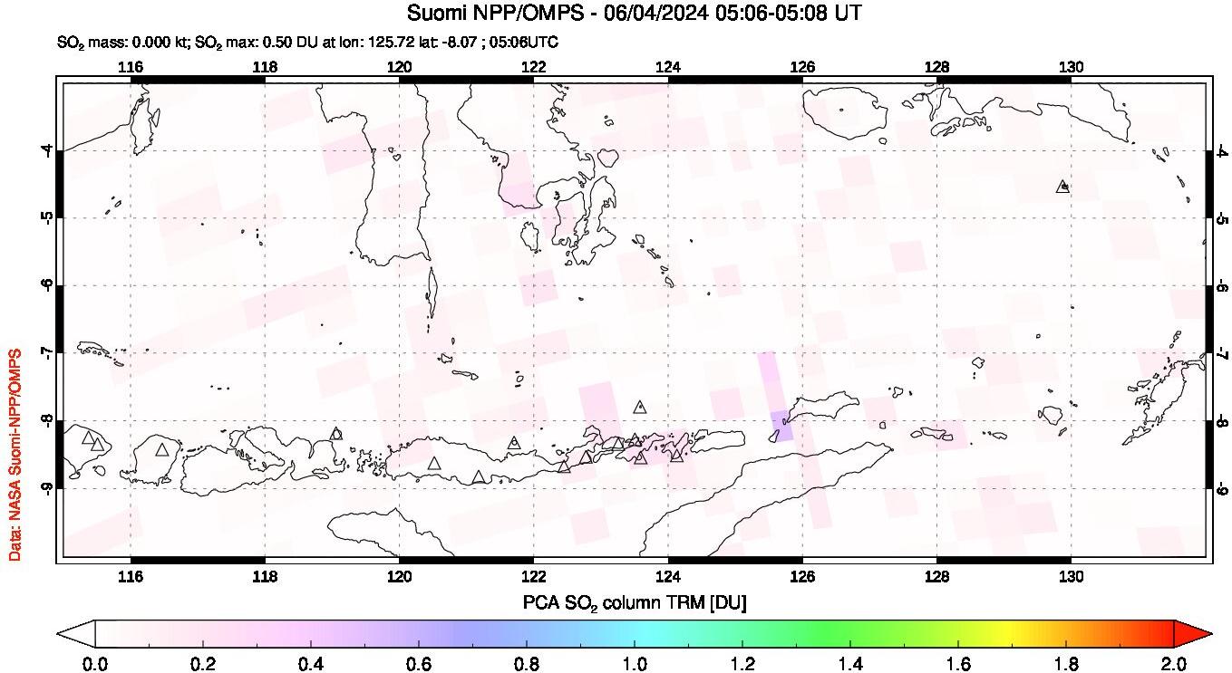 A sulfur dioxide image over Lesser Sunda Islands, Indonesia on Jun 04, 2024.